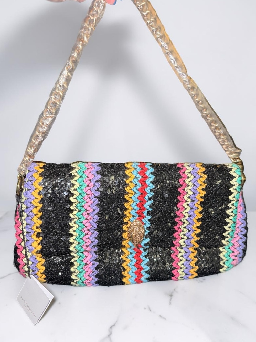Kurt Geiger NWT Long Kensington Woven Shoulder Bag and Clutch with Gold Handle